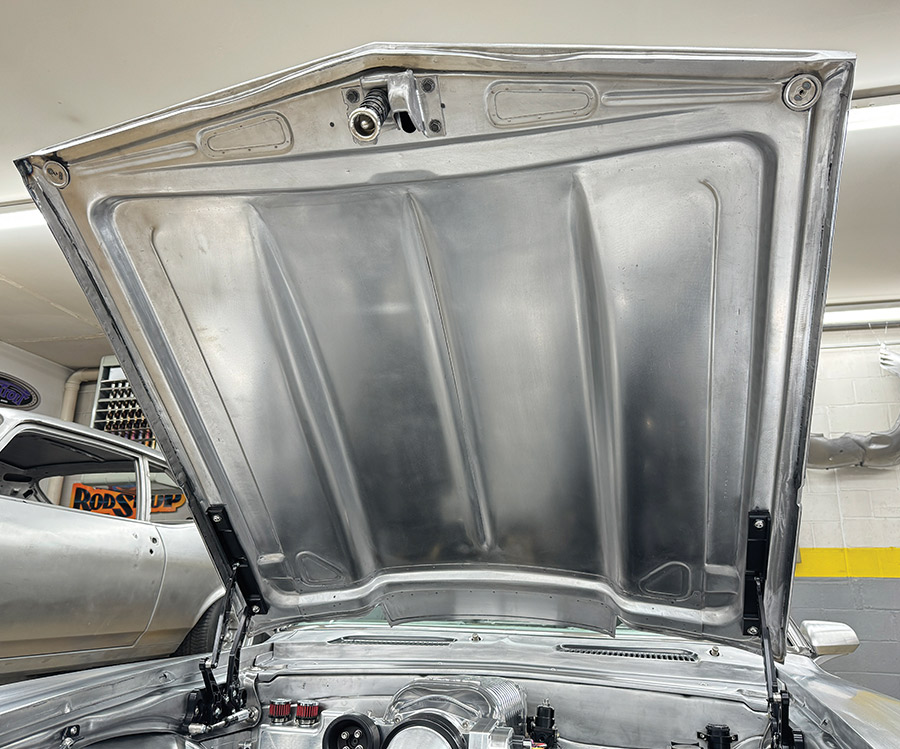 1969 Camaro hood underside bare metal with gas struts