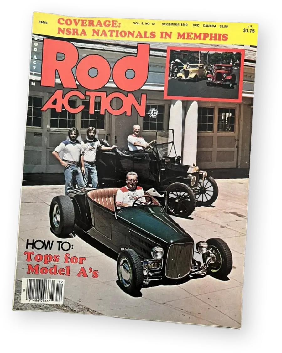 Vintage December 1980 Rod Action magazine cover showing two classic hot rods, a Model T and a 1927 Ford track roadster, with their builders and owners posing with the cars.