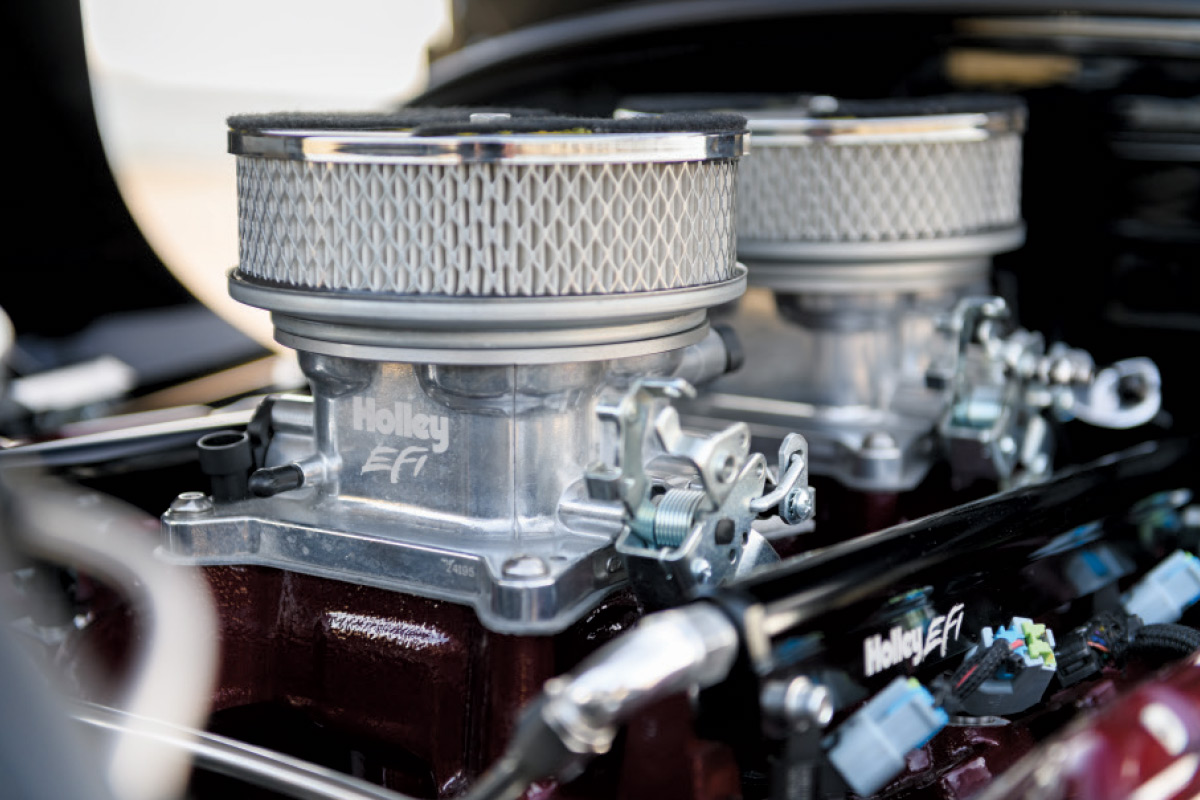 1929 Ford Tudor dual Holley EFI throttle bodies on polished intake manifold