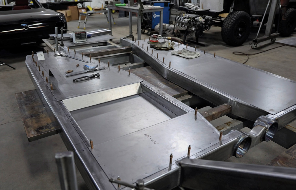 1962 Chevy convertible custom-fabbed sheetmetal floor fully mocked up on chassis