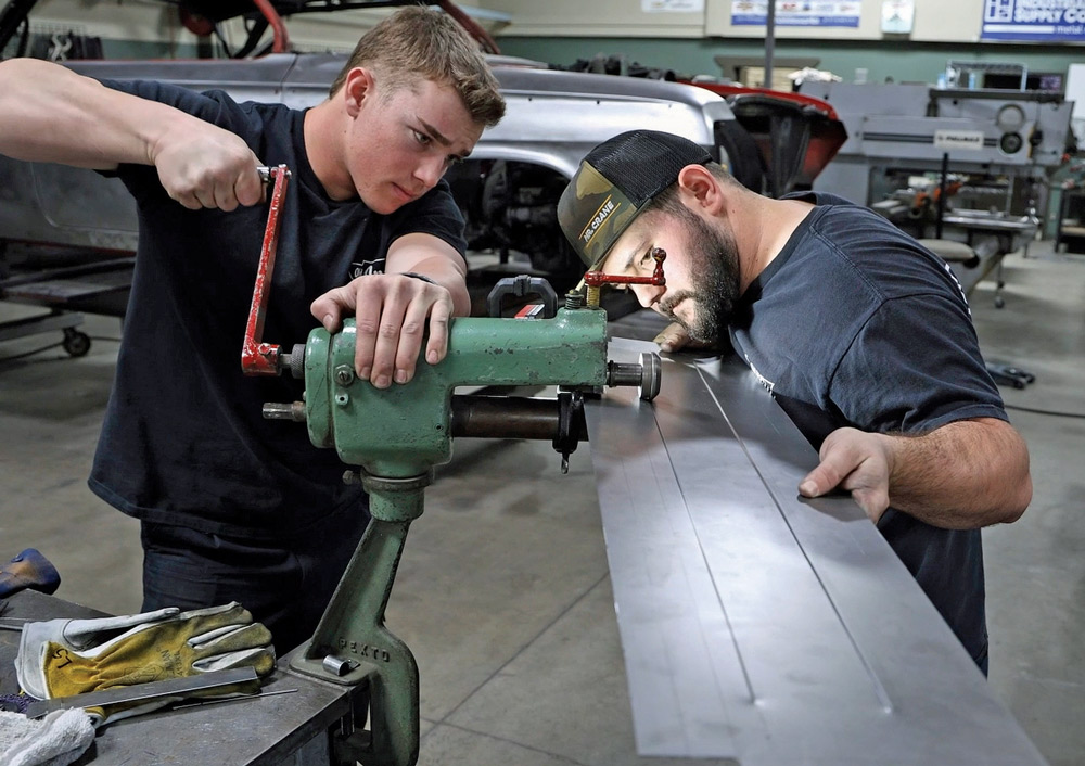 1962 Chevy convertible floor section bead-rolled with Pexto rotary machine