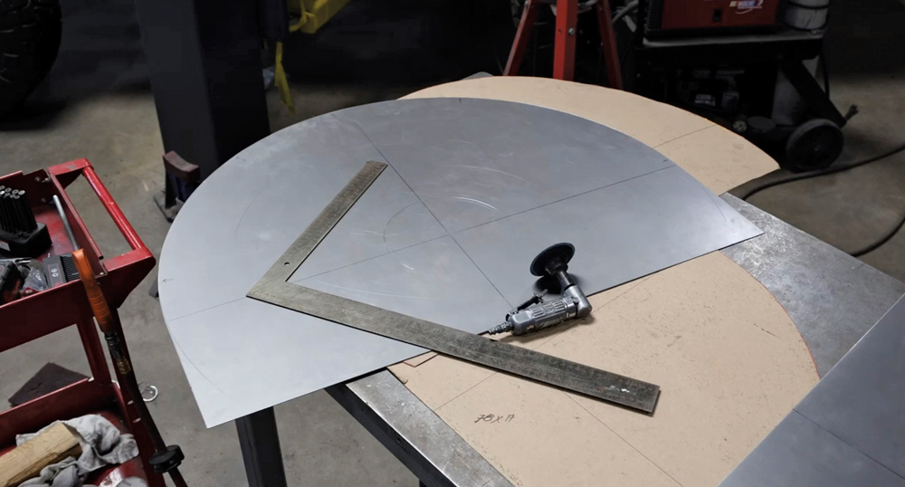 1962 Chevy convertible circular panel layout marked for rear tub fabrication
