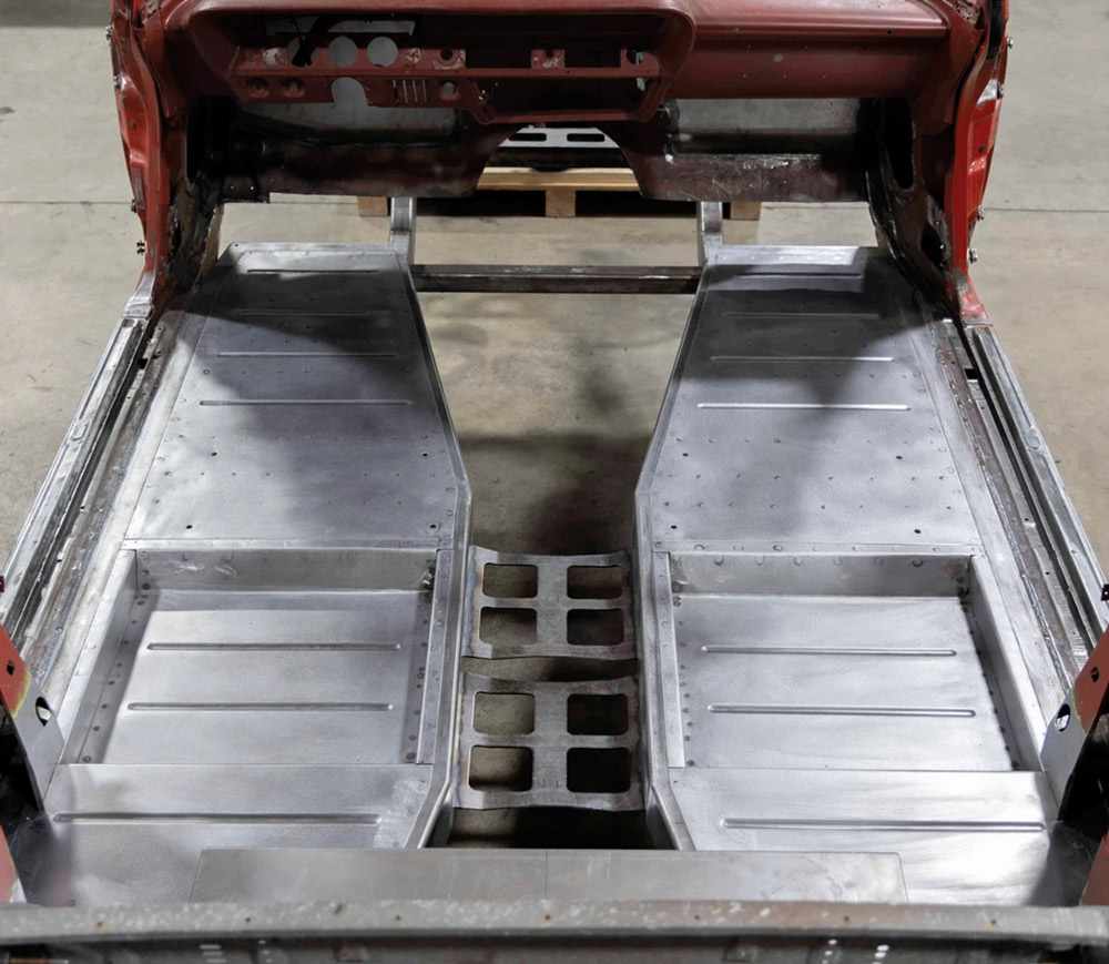 1962 Chevy convertible custom-fabricated floor pans fully installed with bead-rolled reinforcements