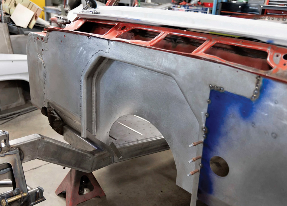 1962 Chevy convertible smoothed firewall and trans tunnel notch tacked in