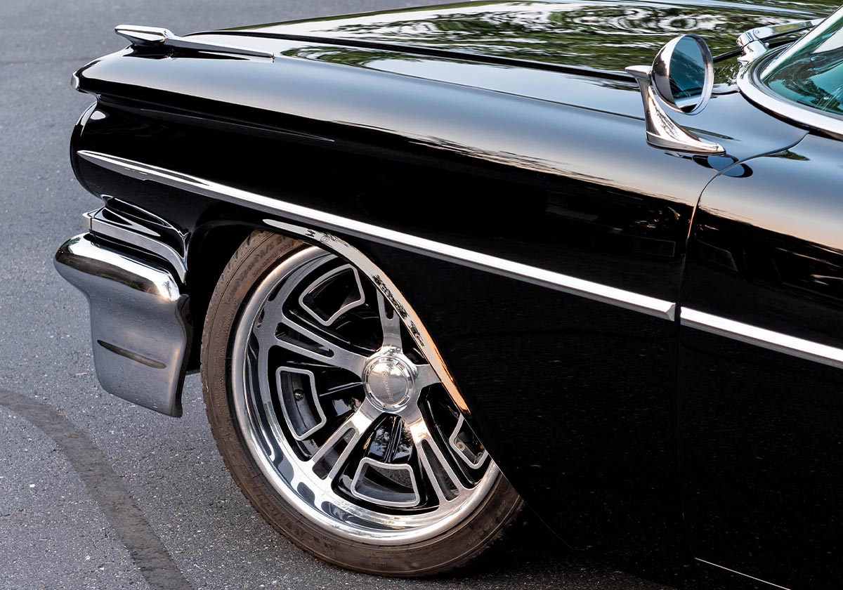 1959 Pontiac Catalina front fender with deep gloss black paint and Billet Specialties wheels