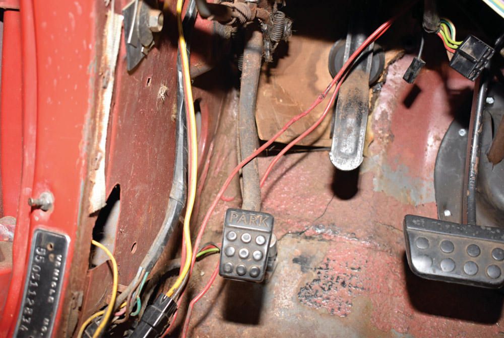 dodge pedal assembly old wiring exposed linkage worn insulation stripped interior view