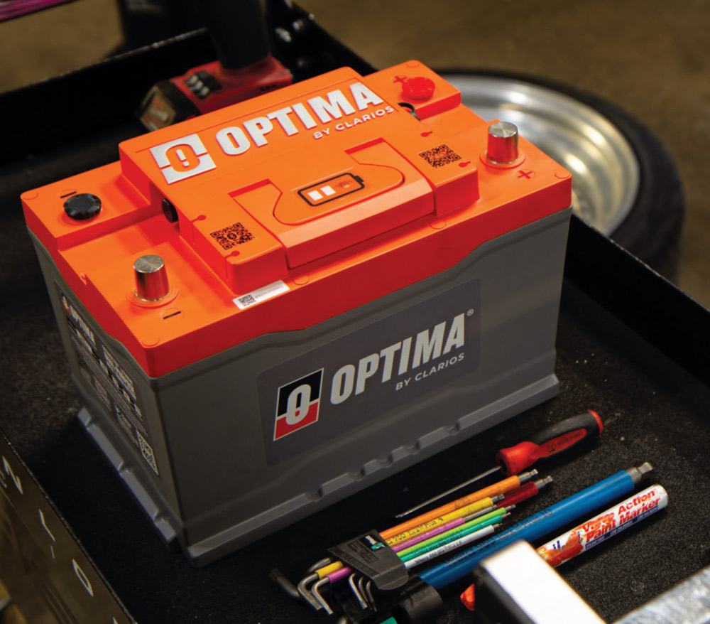 optima lithium battery mounted in tool cart with nearby screwdrivers and markers