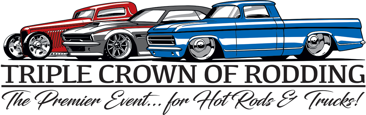 Triple Crown of Rodding logo with different hot rods