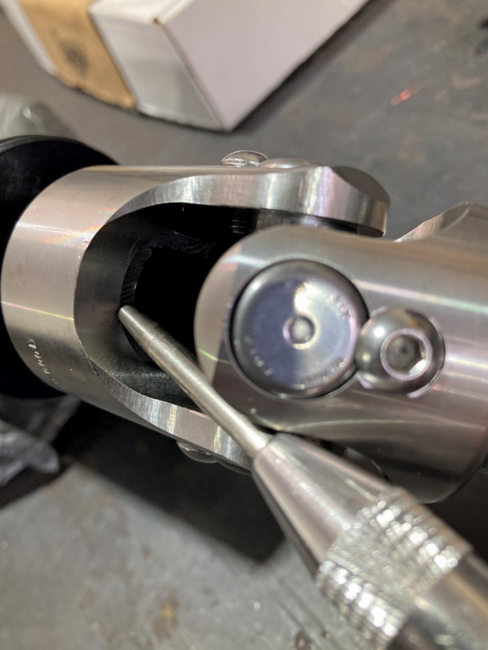 1964 Pontiac GTO U-joint shaft alignment using scribe to mark notch for set screw drilling