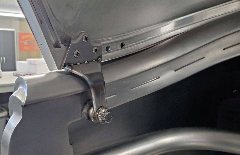 1936 Ford Roadster roof hinge mount bracket detail custom top fitment traditional craftsmanship