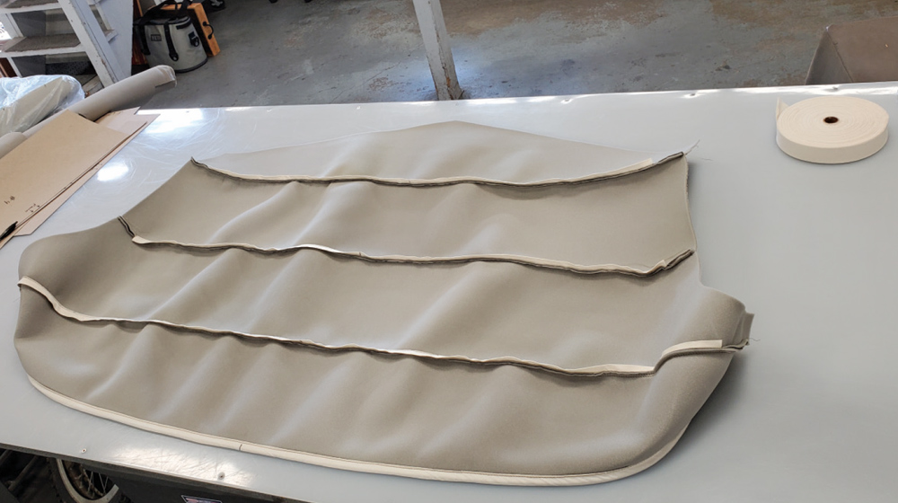 1936 Ford Roadster convertible top fabric pre-stitched tan canvas with panel seams laid out