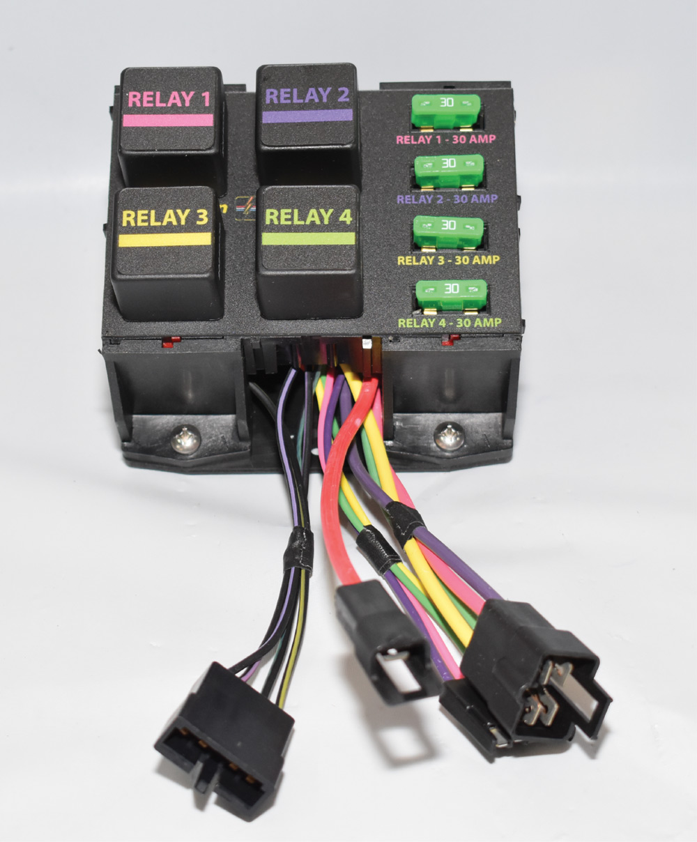 Four-relay fuse block, colored wires, 30 AMP green fuses, relay labels