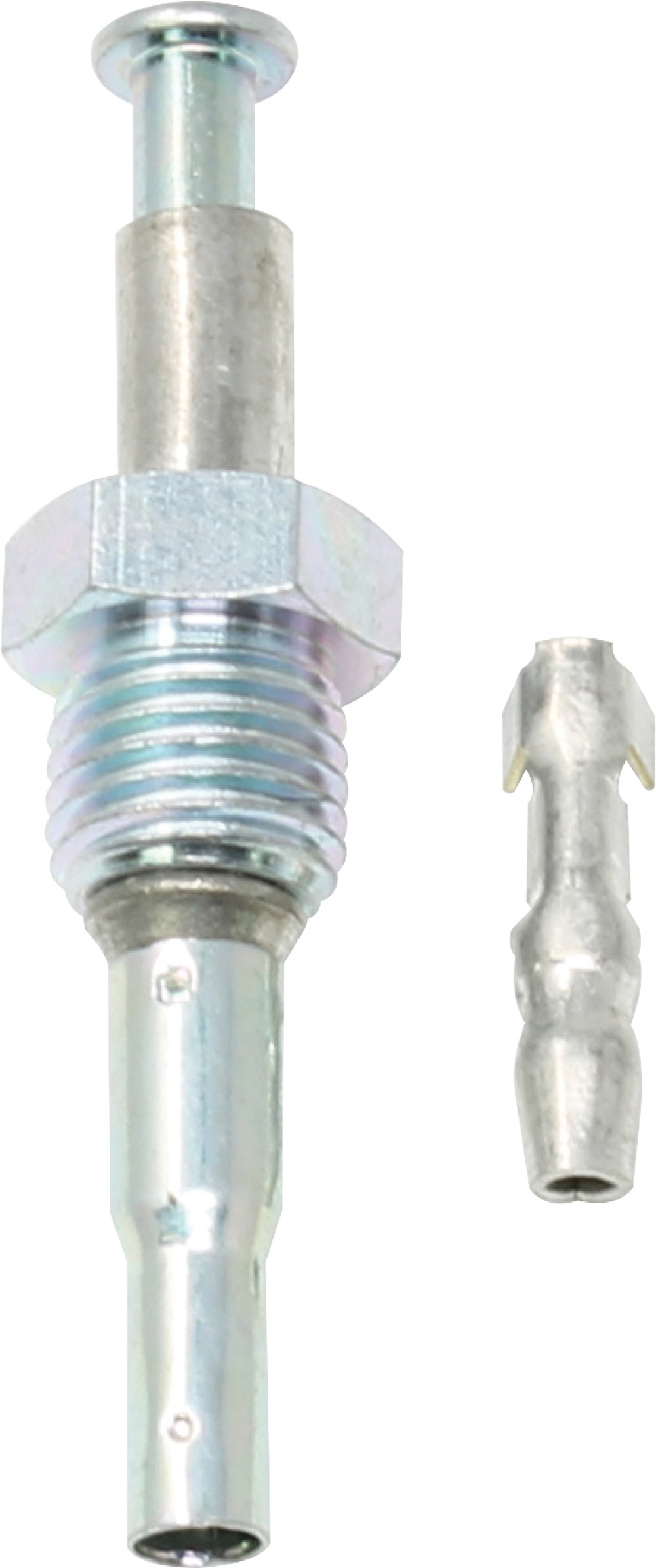 Threaded push button plunger, cylindrical crimp terminal, metal components