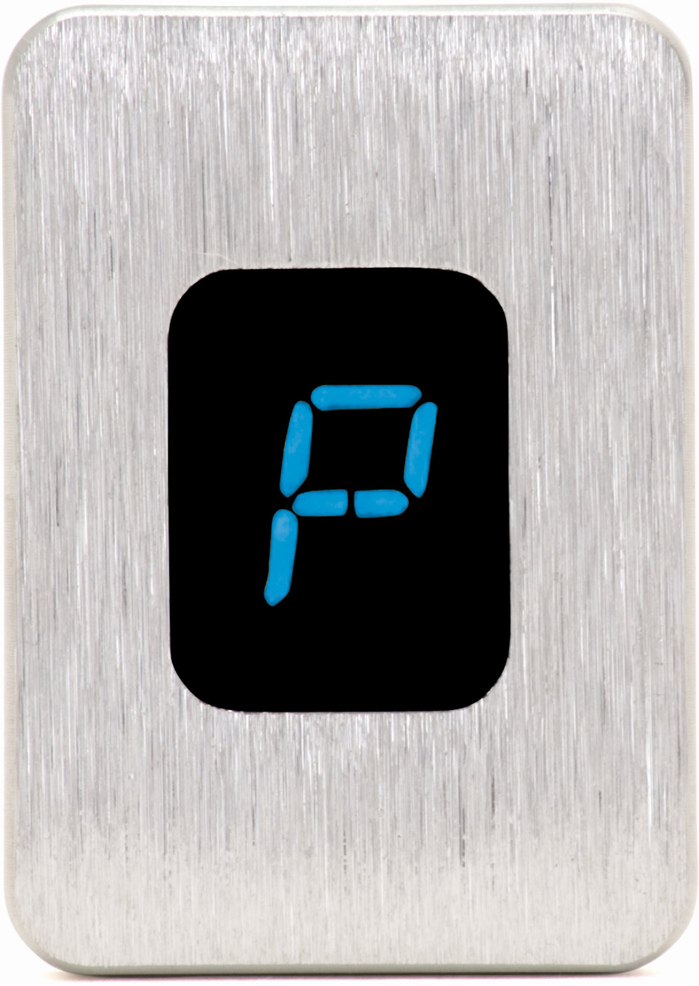 Brushed metal panel, blue LED 7-segment display, illuminated P