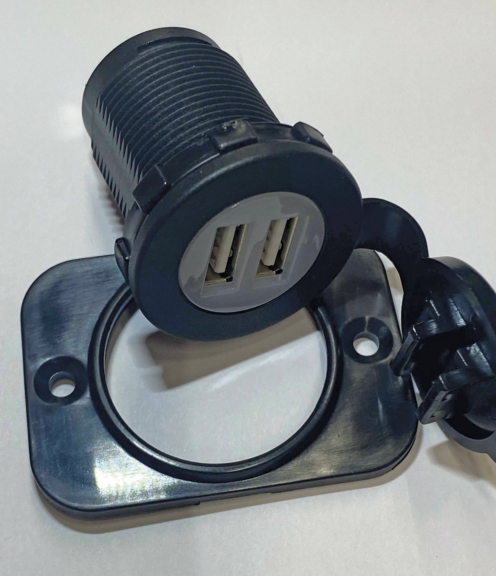 Black dual USB charger socket, round face, cover, mounting plate