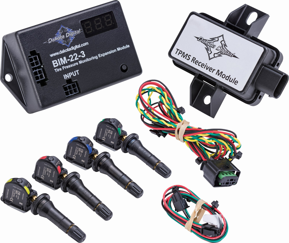 Dakota Digital BIM-22-3 tire pressure monitoring system, receiver module, four colored sensors, wire harnesses