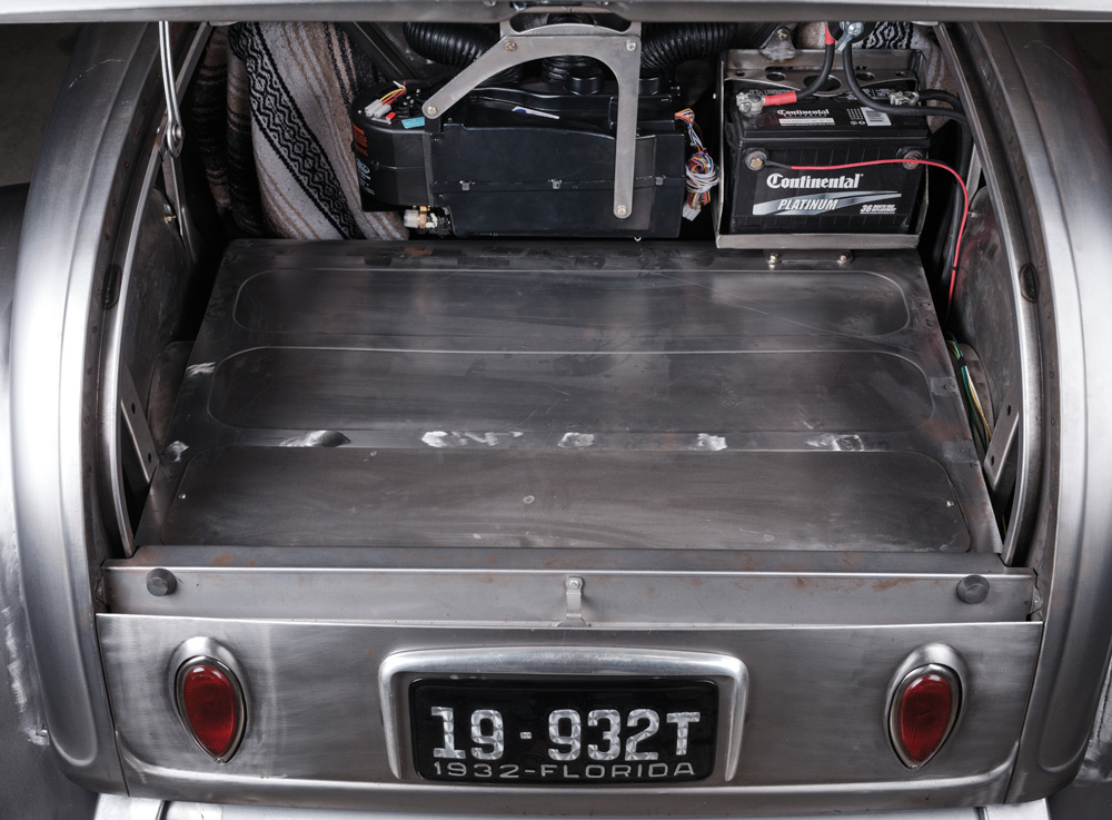 1932 Ford Roadster trunk with Continental battery vintage heater bare metal interior