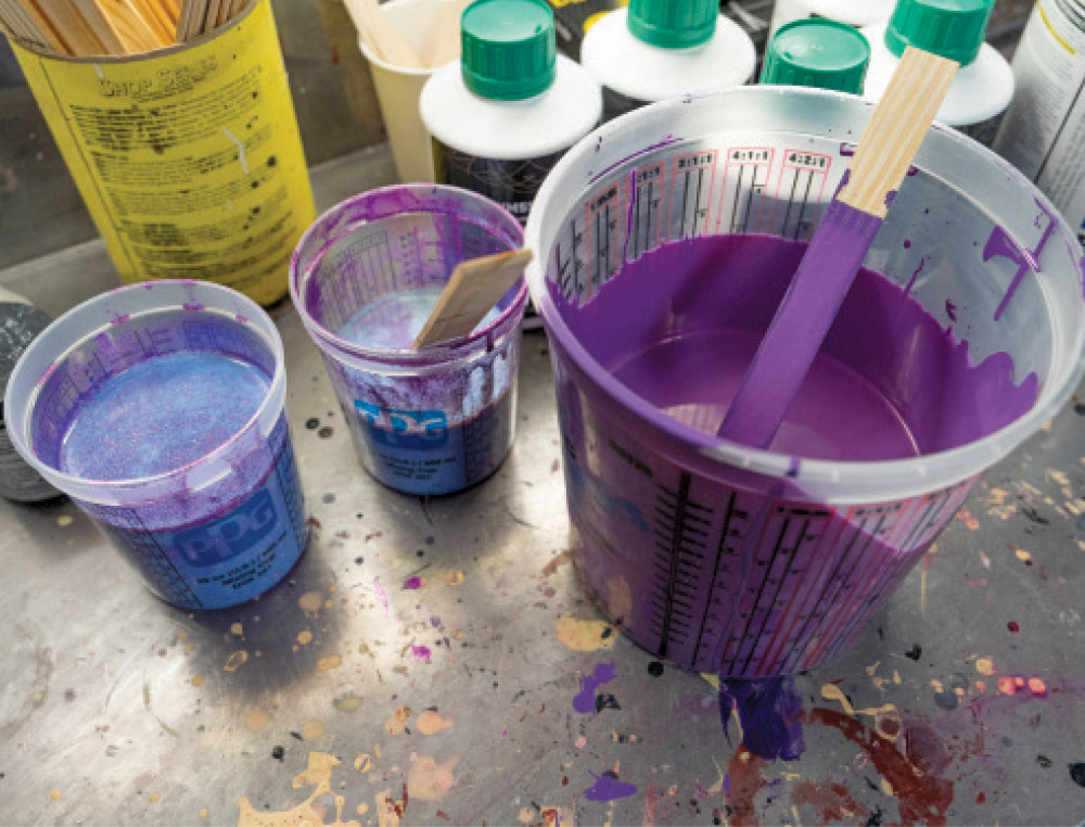 PPG metallic purple paint mixing cups for classic car custom paint job