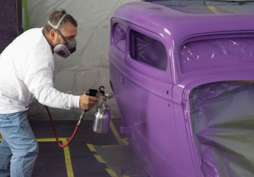 Fully painted 1930s Ford coupe body, metallic purple flake, ready for assembly