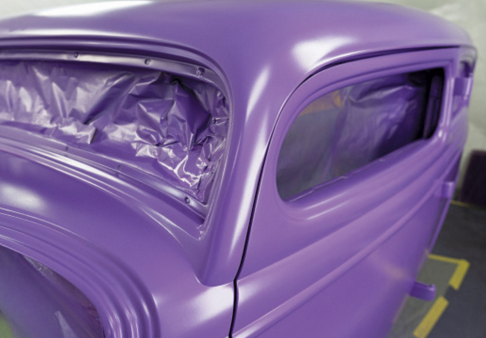 1934 Ford sedan rear body freshly painted metallic purple flake in spray booth