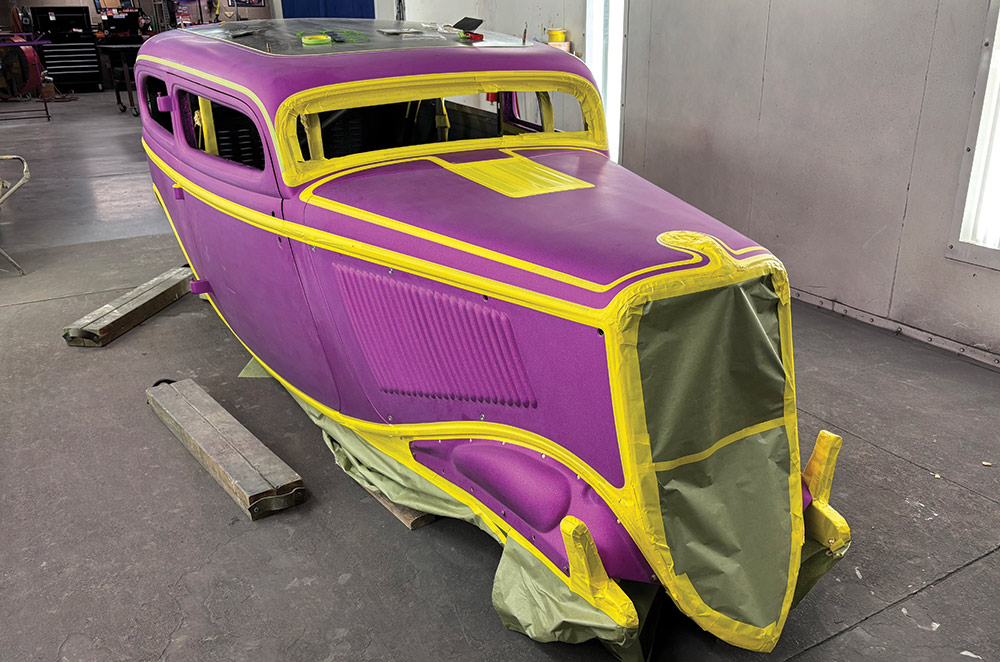 1934 Ford hot rod masked for two-tone or graphic paint over metallic purple base