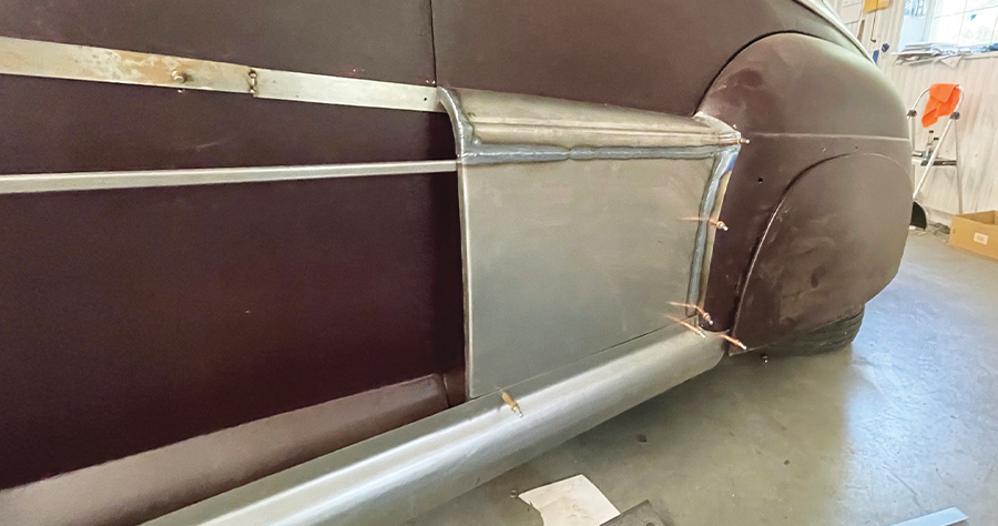 1947 Ford coupe rear fadeaway fender panel, cleco fasteners, quarter panel attachment