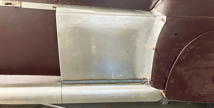 1947 Ford coupe detailed rear fadeaway fender, cleco fasteners, trim strip visible