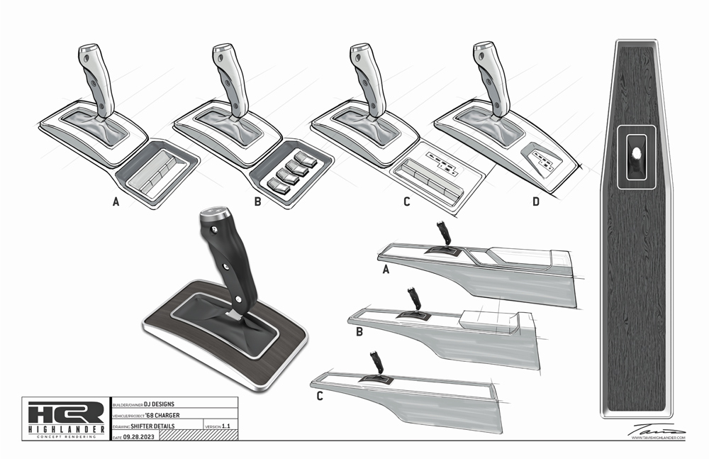 Concept rendering sheet for the custom shifter and center console design for the '68 Charger, showing different trim and button layout options (A, B, C, D).