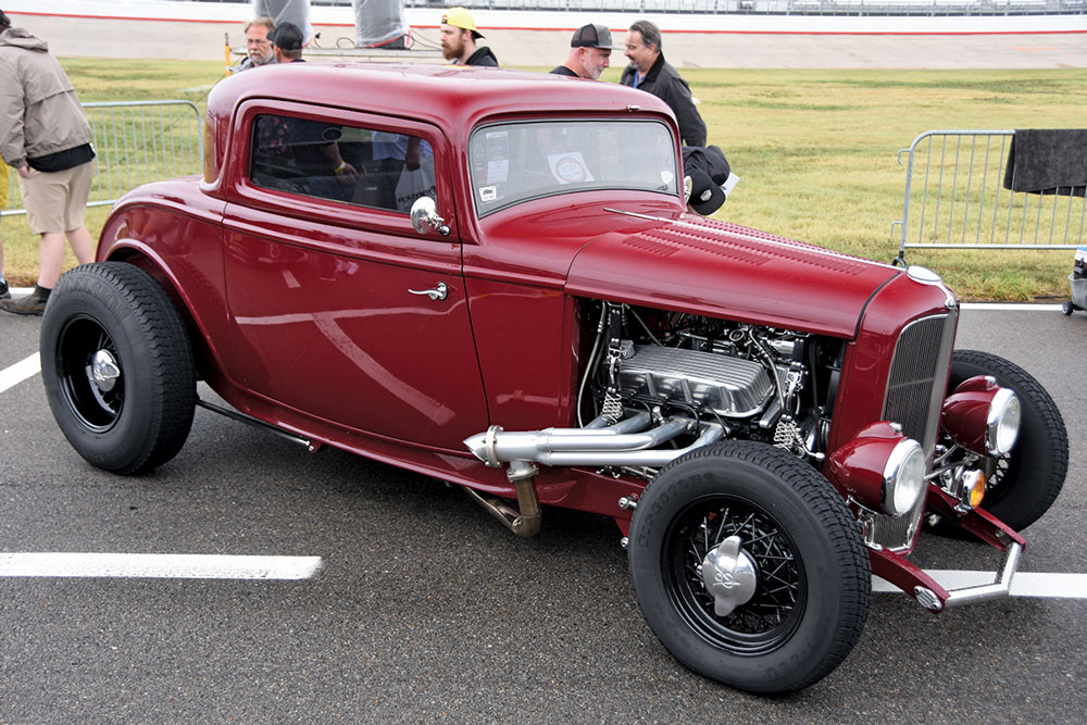 red 1932 Ford highboy three-window coupe
