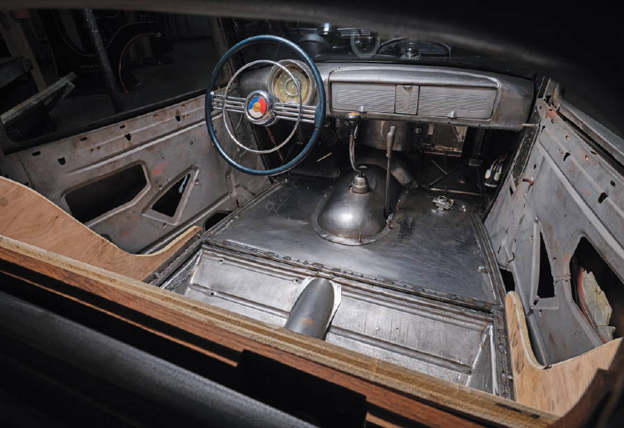 1950 Buick Special raw-metal interior with custom trans tunnel and factory deluxe steering wheel