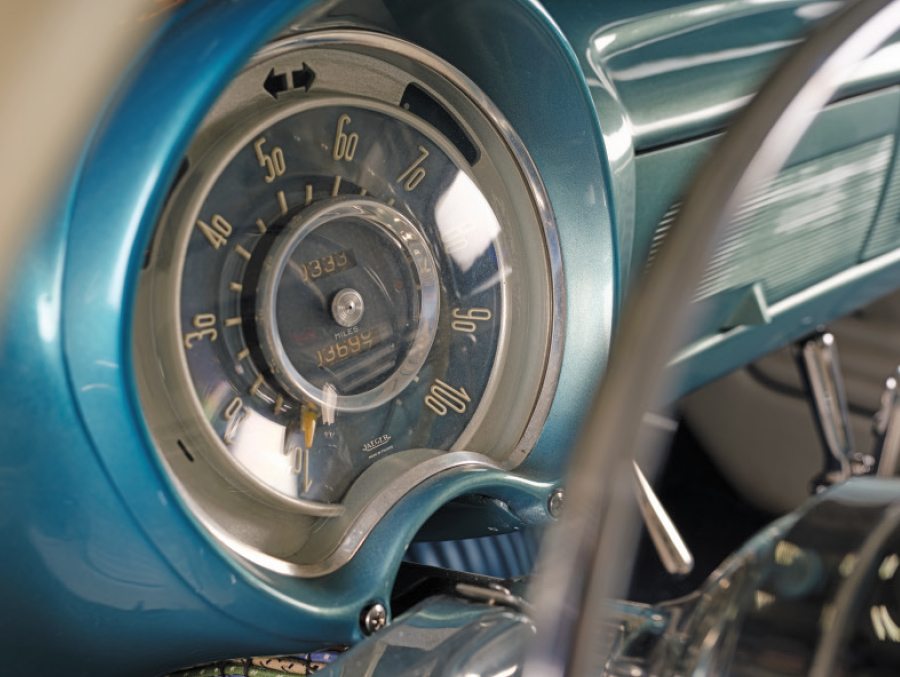 1950 Buick Special restored teal dash with Jaeger-style speedometer and chrome accents