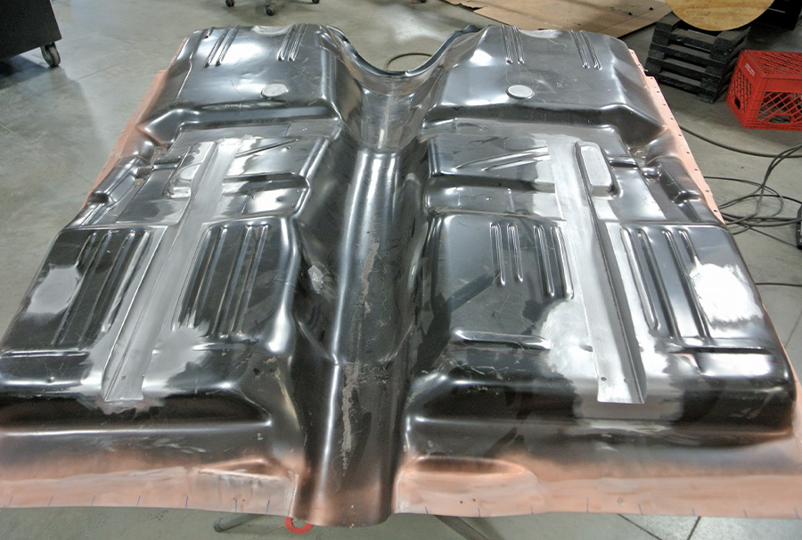 1971 Plymouth Duster trunk floor pan black finish ribbed panel structure AMD sheet metal replacement