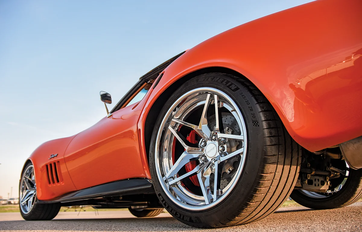1968 Corvette C3 tangerine paint five-spoke chrome wheels performance brakes