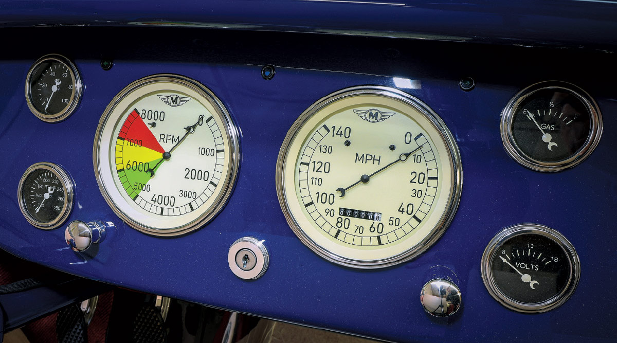 1932 Ford roadster red interior with blue dash, wood wheel, and vintage hot rod gauges
