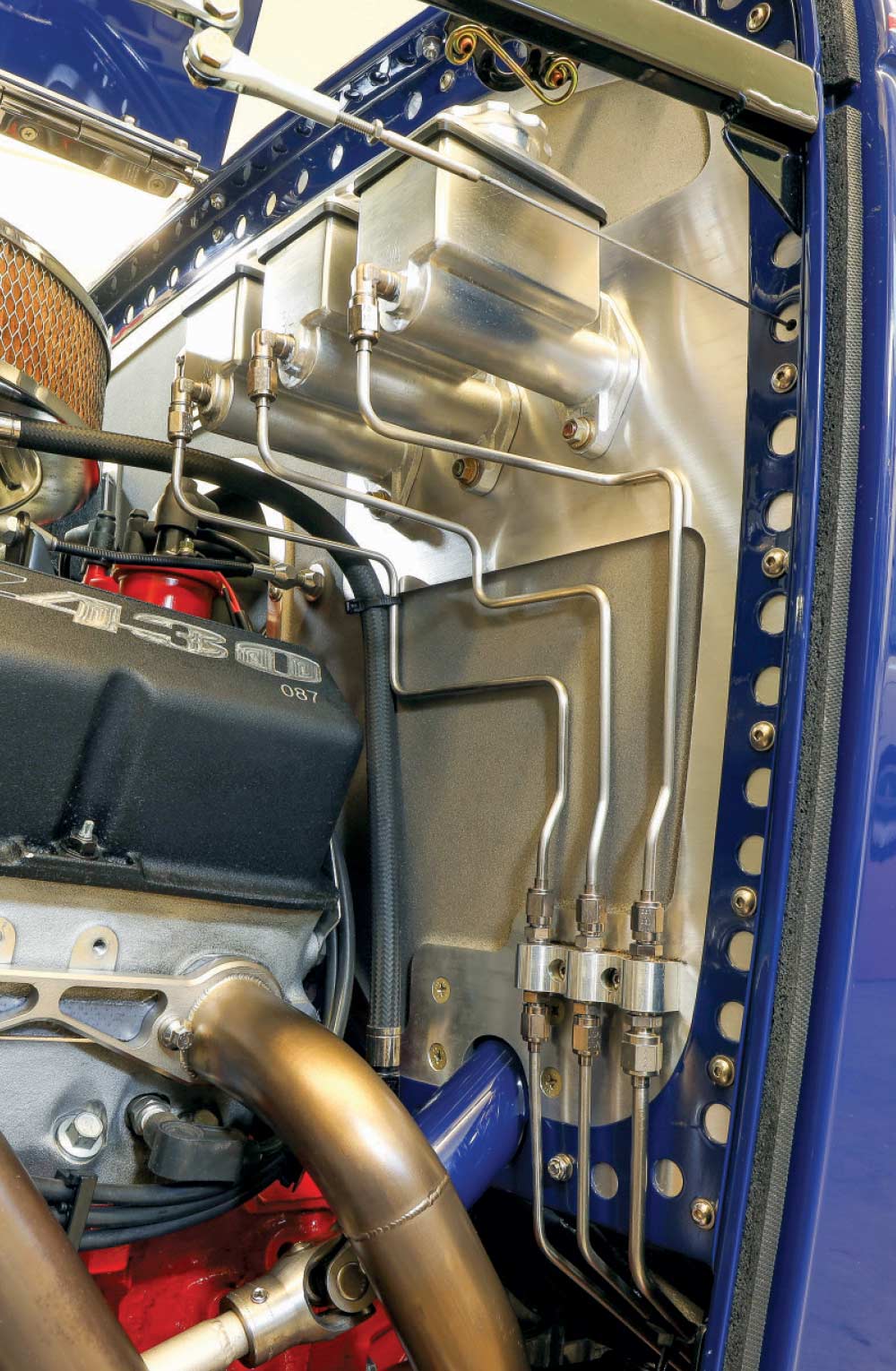 1932 Ford roadster firewall polished master cylinders custom stainless hardlines aluminum paneling