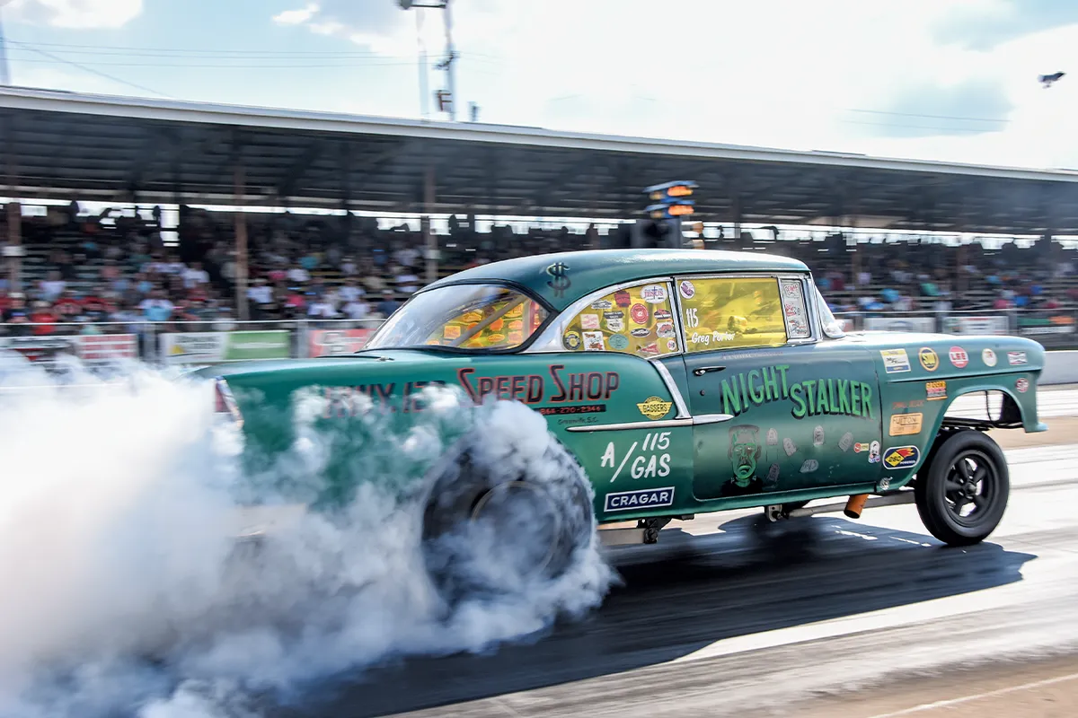 1955 Chevy Bel Air gasser “Night Stalker” green burnout yellow tint windows race-ready