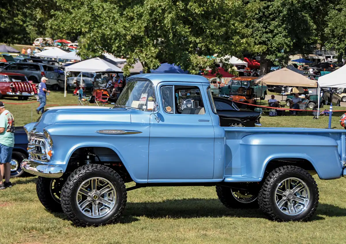 1958 Chevy Apache 4x4 pickup sky blue resto-mod lift kit modern off-road wheels
