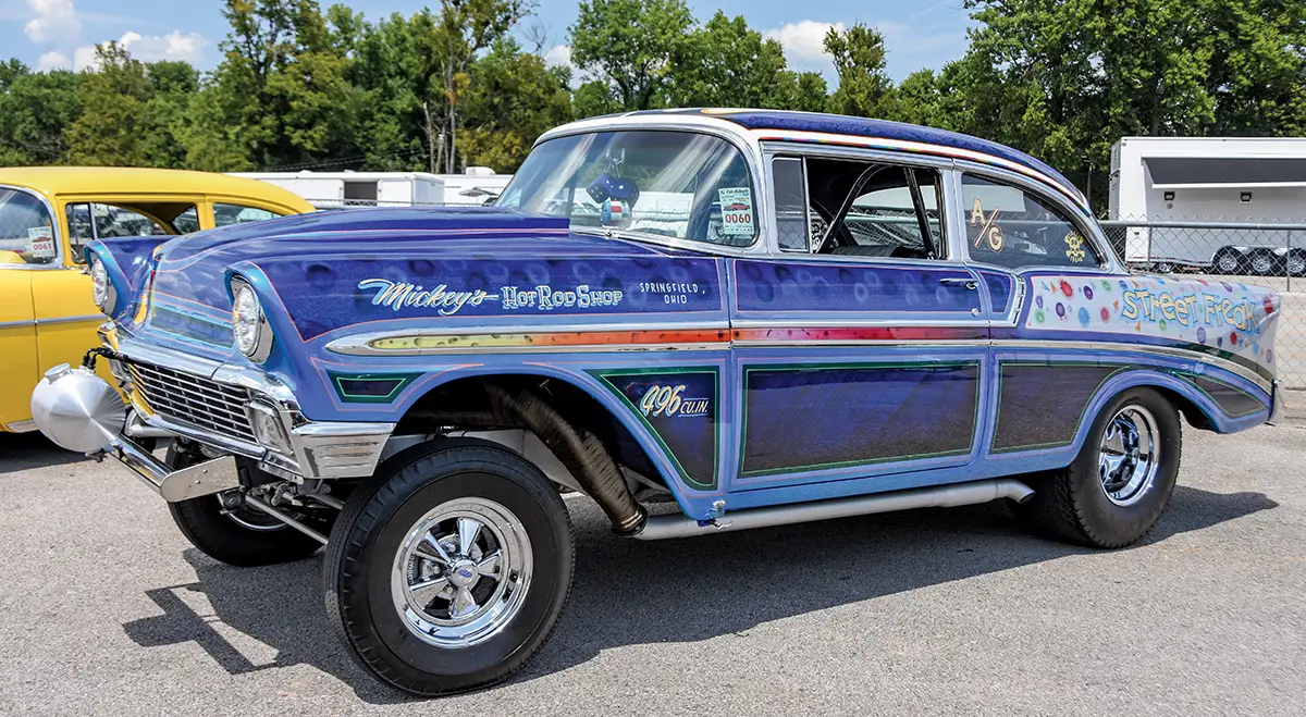 Blue 1957 Chevrolet gasser Street Freak, Mickey's Hot Rod Shop, raised front end