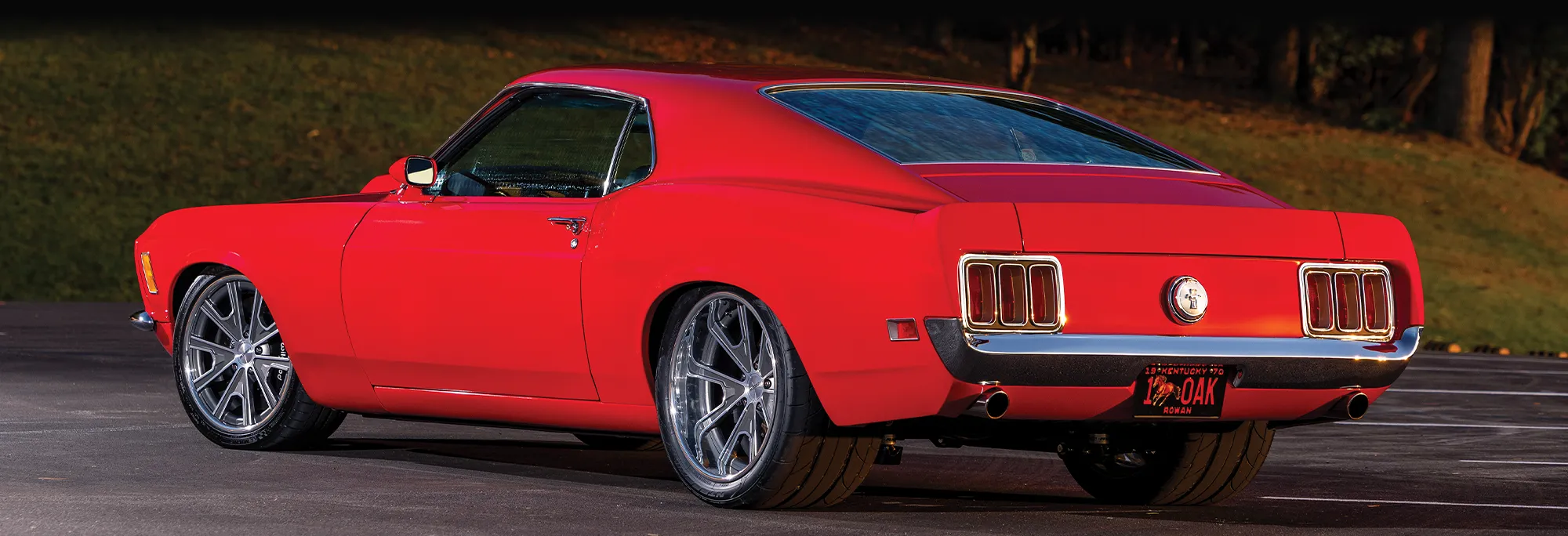 Rear view of a red 1970 Mustang Mach 1.