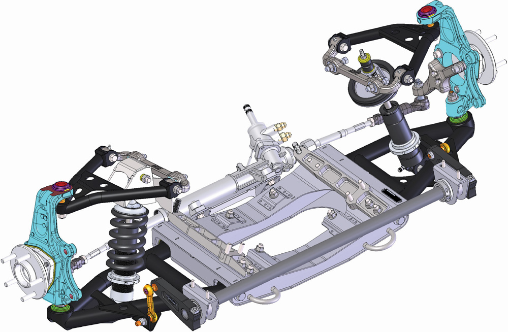 A detailed 3D digital rendering of the modern front suspension and subframe assembly, using color-coded parts to illustrate how the various mechanical components integrate.