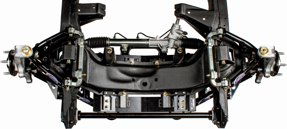 An overhead view of the newly powder-coated black front subframe featuring a modern rack and pinion steering system and upgraded high-performance suspension geometry.