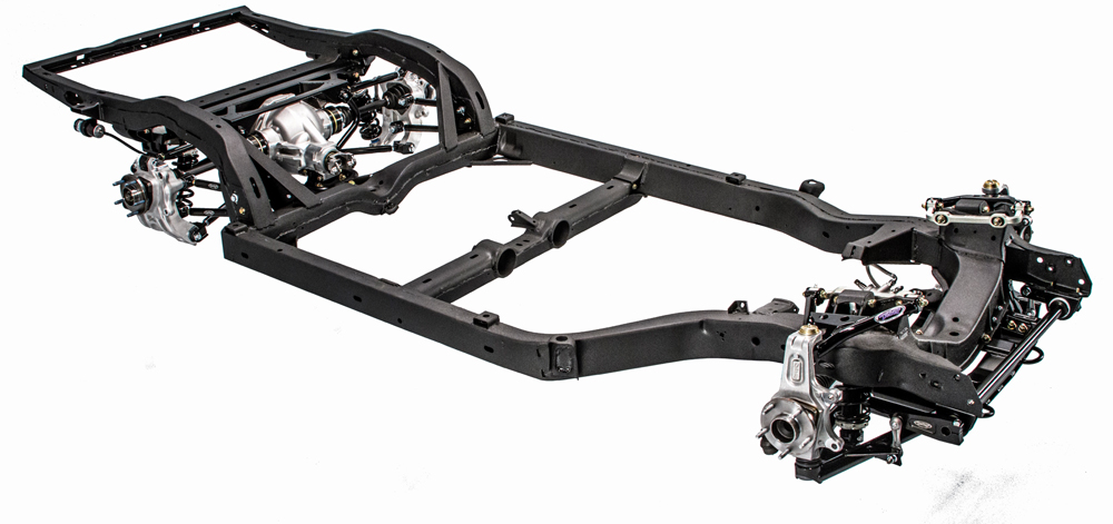 A wide-angle perspective of the complete, black powder-coated rolling chassis, showing the fully integrated modern front and rear suspension systems on a white background.