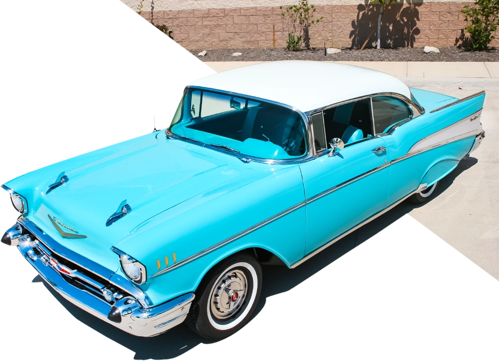 high angle view of a blue and white top classic car