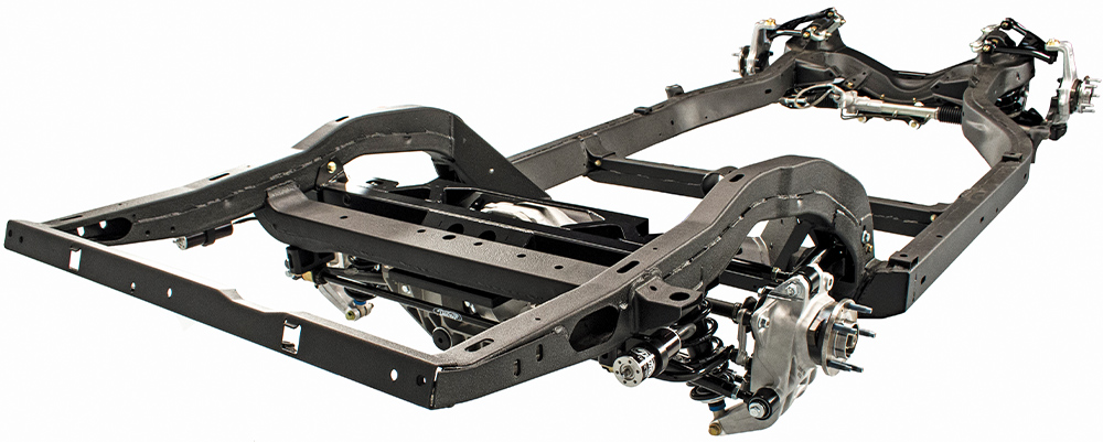 Full view of the powder-coated black 1971 C3 Corvette chassis with the complete Detroit Speed front and rear suspension systems, including hubs, coilovers, and rear differential, isolated on a white background.