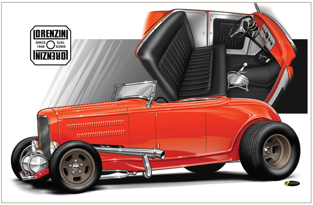 Illustration of a red 1932 Ford highboy roadster with dark "as-cast" Halibrand wheels. An inset reveals the black pleated interior, dash, and steering wheel. A "Lorenzini" logo is displayed in the upper left.