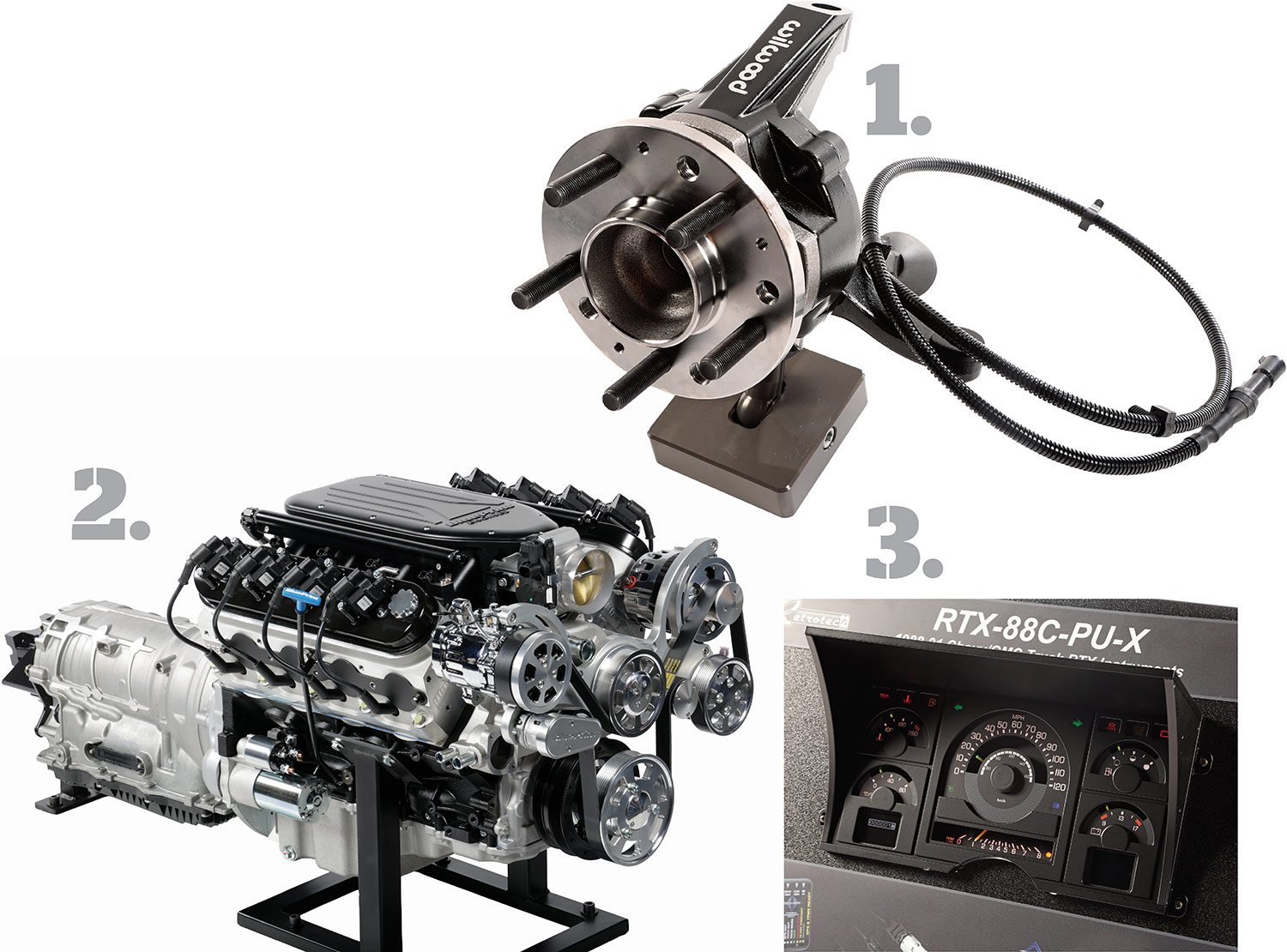 new products sema: Wilwood’s ProSpindle Hub Kit, BluePrint GM LS Compatible 376ci Engine, and Chevy/GMC 1988-1991 RTX Gauge System