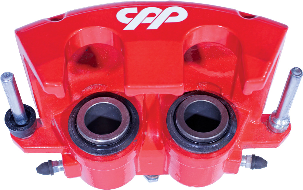 1965 mustang cpp red brake caliper dual piston rear view for conversion kit