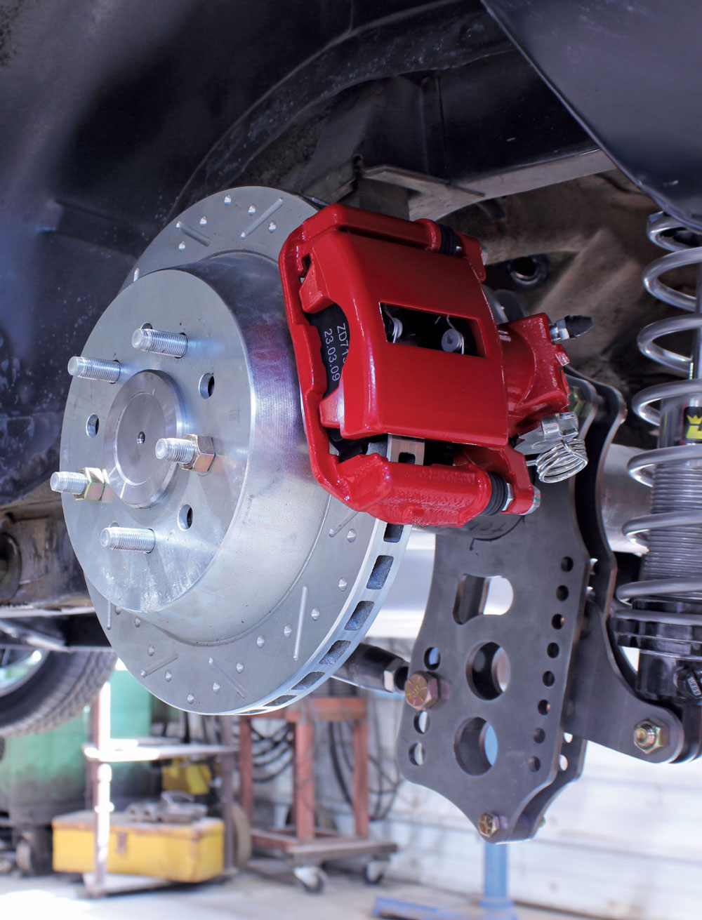 1965 mustang cpp disc brake kit install slotted rotor red caliper coilover suspension rear