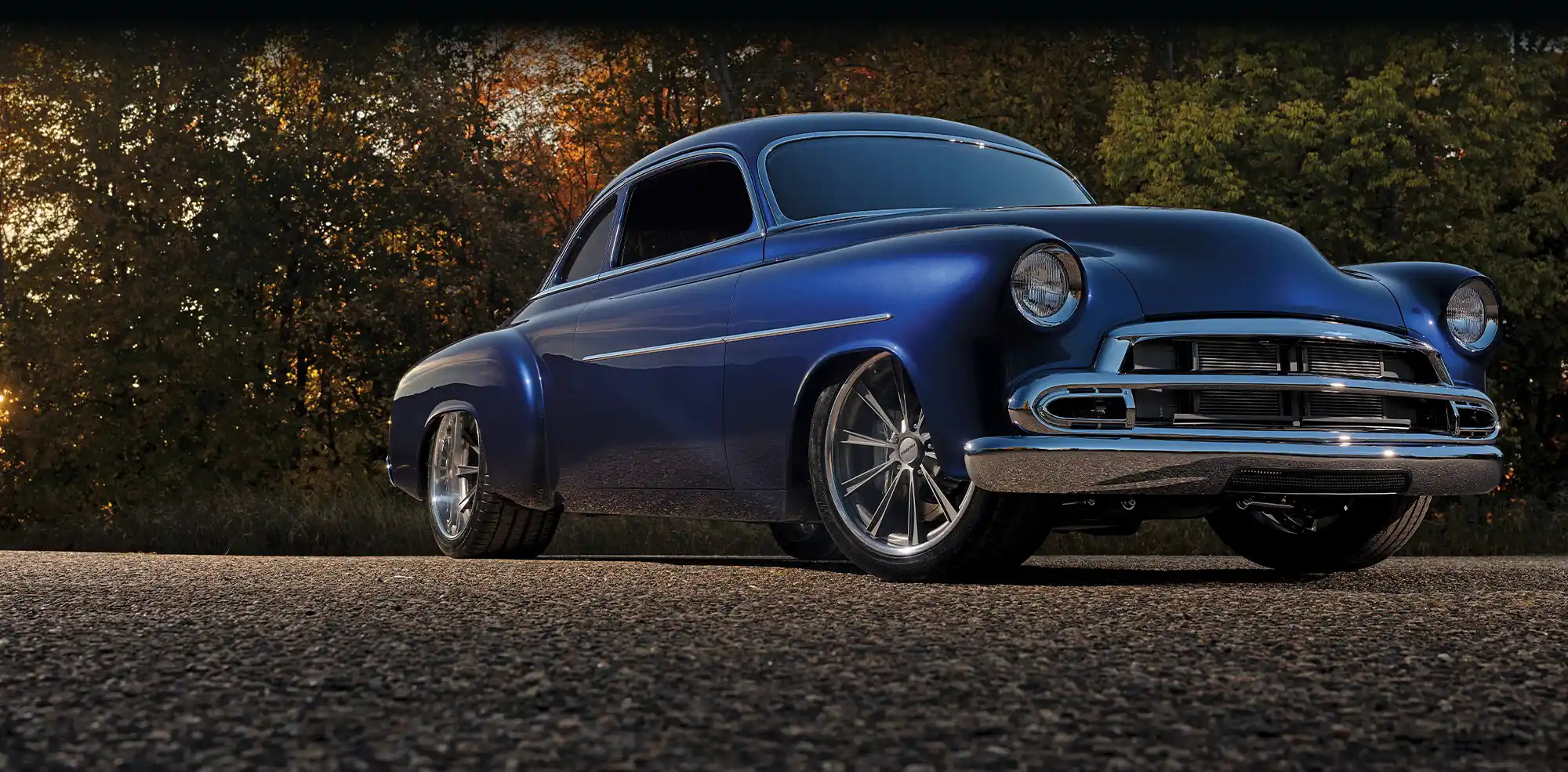 1952 chevy styleline pro touring build deep blue body chrome accents wide wheels
