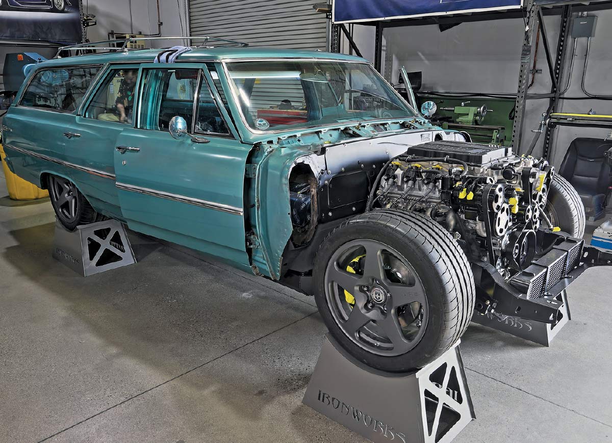1965 chevelle wagon on jackstands ls3 mockup wide wheels engine bay mid assembly